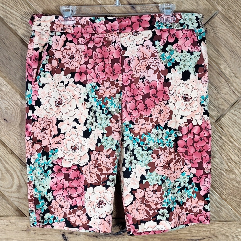 Larry Levine Floral Bermuda Shorts Womens 14 Stretch Cotton Blend Pink Multi
